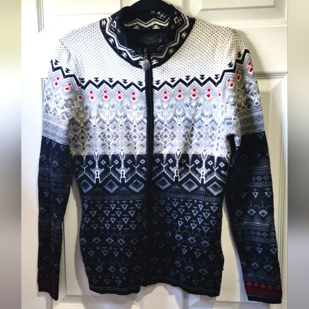 Icelandic Designs multipatern 100% wool zip up cardigan sweater women's …